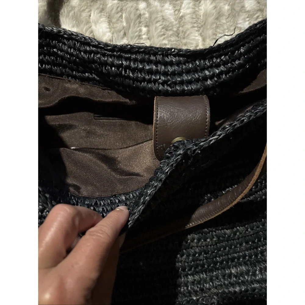 J. Jill Woven Black Hobo Shoulder Bag Large Straw Brown Straps Snap Closure